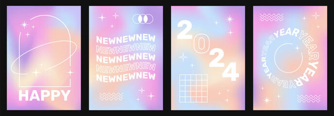 Poster - Set of retro posters with 2024 year invitation in Y2K aesthetics with holographic background and geometric shapes and frames.
