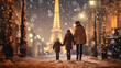 Magical Parisian scene: Mother and son and daughter enjoy festive street with Eiffel Tower backdrop