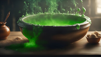 A bubbling cauldron with a green potion ai generated
