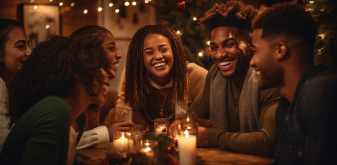 Black American friends share Christmas dinner, candlelight, and genuine holiday joy together.