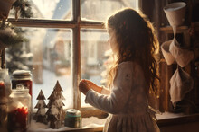 A Cozy Cottage Window Reveals Two Youngsters Peering At A Snowy Christmas Scene, Featuring A Snowman. Festive Vibes.
