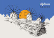 Drawing sketch illustration of the traditional Aegean windmills in Mykonos, Greece