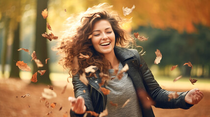 Wall Mural - Young woman with arms outstretched enjoying nature in park. Fall season fashion park with yellow foliage maple leaves. Portrait of a young woman in autumn.
