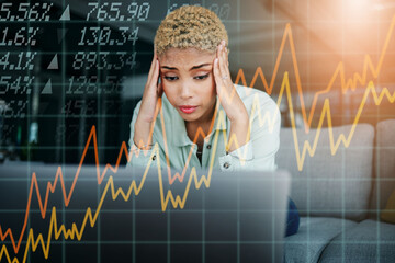 Aufkleber - Hologram, charts and woman with inflation, stress and stock market with headache, burnout and financial crisis. Person, trading or investor with overlay, laptop and economic crash with a migraine