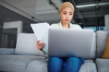 Poster - Home, inflation and woman with a laptop, document and bills with budget planning, investment and research. Person, paperwork or girl with a pc, tax or review financial profile with connection