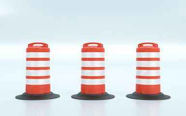 3D rendering of road traffic barrels on color background, caution, warning, under construction, maintenance and attention concept