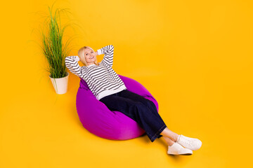 Wall Mural - Photo of positive mature lady sitting comfy chair enjoy relax isolated vibrant color background