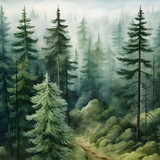 Fototapeta Natura - Watercolor Pine Forest
