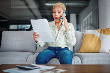 Poster - Home, phone call and woman with documents, surprise and connection with network, contact and app. Person, customer and girl with paperwork, wow or speaking with discussion, communication and shocked