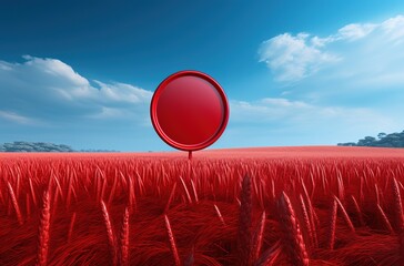 Green field with the destination of a large red pin. Concept of goal, dream, end, picnic, victory.