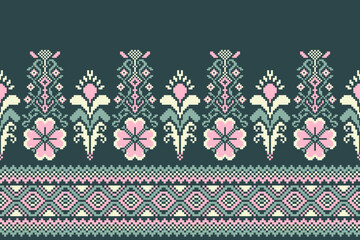 Wall Mural - flower embroidery on green background. ikat and cross stitch geometric seamless pattern ethnic oriental traditional. Aztec style illustration design for carpet, wallpaper, clothing, wrapping, batik.