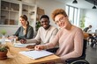 © Virtual Art Studio - Group of people on wheelchair in meeting room background.