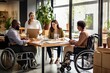 Group of people on wheelchair in meeting room background.