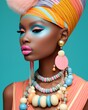 This stunning portrait of a beautiful woman wearing a colorful turban, adorned with jewelry, and futuristic makeover of lipstick and dramatic eyeshadow, the warrior spirit of a modern fashion samurai