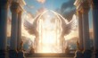 Decorated heavens gate with angel wings and statues in shining sunlight. Generative AI