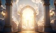 Decorated heavens gate with angel wings and statues in shining sunlight. Generative AI