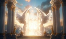 Decorated Heavens Gate With Angel Wings And Statues In Shining Sunlight. Generative AI