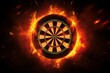 Dart board target in burning flames close up on dark brown background. Classical sport equipment as conceptual 3D illustration, Generative AI