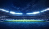 Fototapeta  - American football league stadium with white lines and fans, illuminated field side view at night, sport building 3D professional background, Generative AI