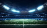 Fototapeta Sport - American football league stadium with white lines and fans, illuminated field side view at night, sport building 3D professional background, Generative AI