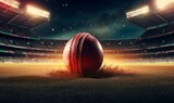 Fototapeta Fototapety sport - Cricket ball on the pitch in a thrilling night match. Generative AI