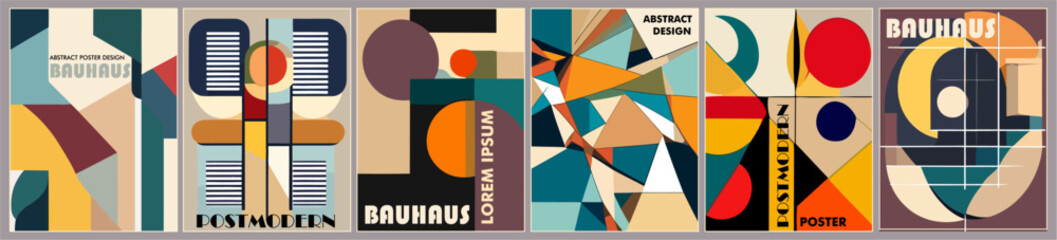 Wall Mural - Postmodernism bauhaus style abstract vector poster set. Brutalism inspired graphics in web template layouts made with abstract geometric shapes for cover, website headers, digital prints.