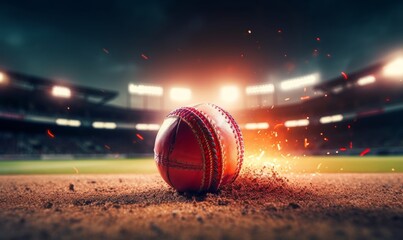 Wall Mural - Cricket ball on the pitch in a thrilling night match. Generative AI