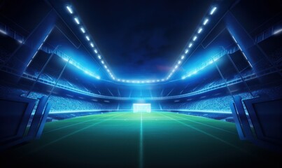 Wall Mural - Stadium tunnel leading to playground. Players entrance to illuminated football stadium full of fans. Digital 3D illustration background for sport, Generative AI