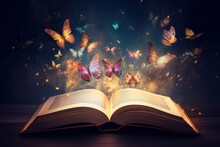 Opened Magic Fantasy Book With Magical Flying Butterflies Above Upwards. Postproducted Generative AI Digital Illustration, Generative AI