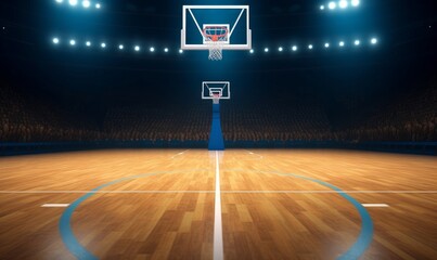 Wall Mural - Basketball sport arena. Interior view to wooden floor of basketball court. Basketball hoop from behind. Digital 3D illustration of sport background, Generative AI