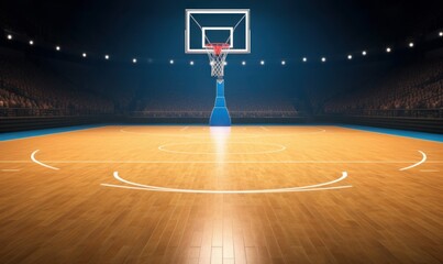 Wall Mural - Basketball sport arena. Interior view to wooden floor of basketball court. Basketball hoop from behind. Digital 3D illustration of sport background, Generative AI