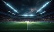 Spectacular football stadium full of spectators expecting an evening match on the grass field, view from the player level. Sport category 3D, Generative AI