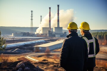 two industrial technicians, a man and a woman at a nuclear power plant, working diligently with adva