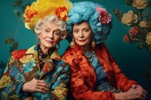 Two happy beautiful old women wearing colorful clothing and accessories enjoy their friendship. 