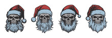 Set Of Vintage Retro Tattoo Bad Scary Horror Spooky Skull Skeleton Santa Claus In Hat. Merry Christmas Xmas New Year Holiday Halloween Poster. Graphic Art. Engraving Vector Style Illustration