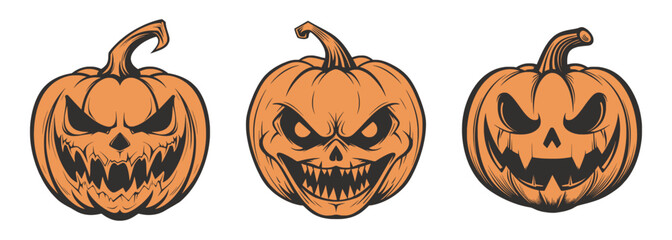 Wall Mural - Set of scary spooky boo Halloween pumpkin lantern monster. Traditional autumn october american holiday symbol. Graphic Art