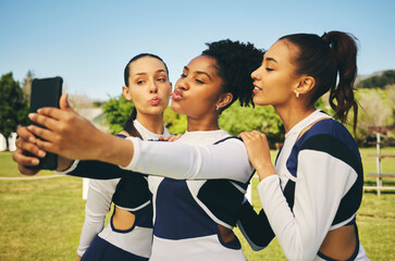 Sticker - Field, women or cheerleaders in team selfie at a game with support in sports training, exercise or fitness workout. Female athletes, teamwork or young people in a social media picture or group photo