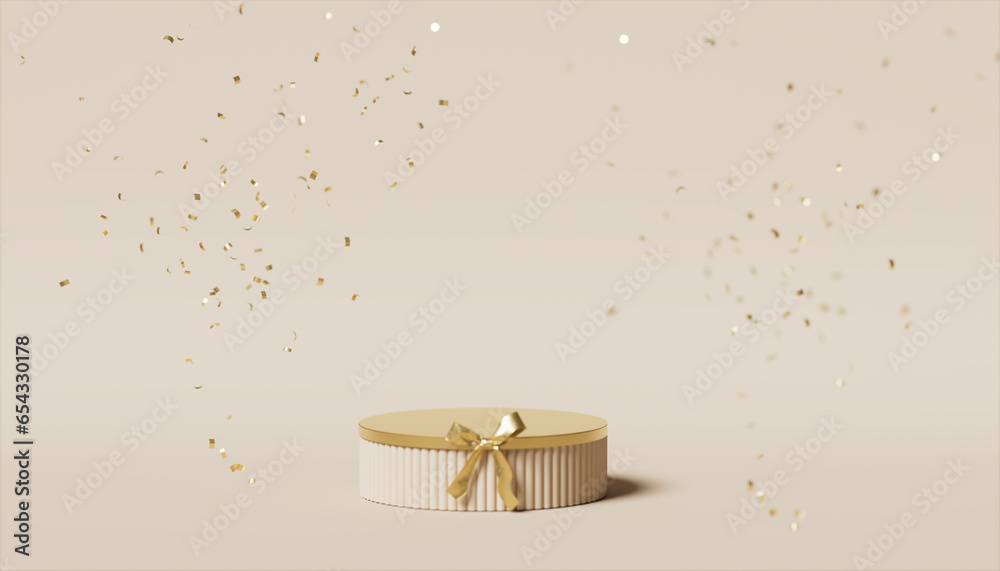 3D podium display. Beige background with gift box showcase for beauty ...
