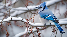Blue Jay In A Tree Branch With Snow