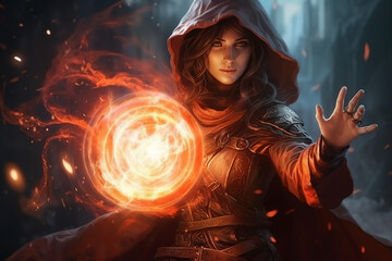 Wall Mural - generative ai collage picture of medieval wizard using dark magic fire spell