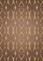 Wall Mural - Hand-drawn unique abstract gold ornament on a light brown background, with vignette of darker background color and splatters of golden glitter. Paper texture. Digital artwork, A4. (pattern: p10-4e)