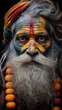 Portrait of a Sadhu with his colourful face painting. The holy men of Nepal who leave all of their material pleasures and worldly goods behind to devote themselves to God  - created with Generative AI