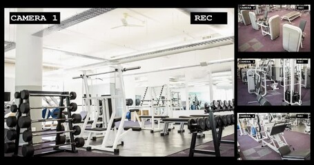 Wall Mural - four security camera views of gym interiors with free weights and fitness equipment, slow motion