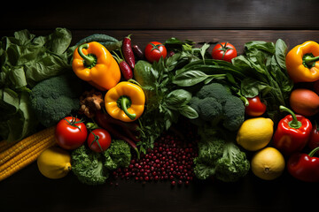 Seasonings, vegetables, fruits and foods on dark background. view from above. Generative AI