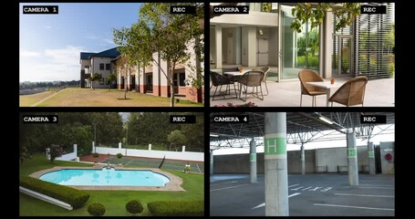 Wall Mural - four security camera views of luxury resort exterior, reception, pool and carpark, slow motion