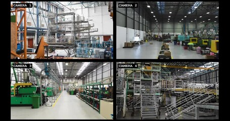 Wall Mural - four security camera views of industrial warehouse and factory interiors, slow motion