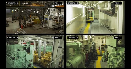 Wall Mural - four security camera views of industrial warehouse and factory interiors and machinery, slow motion