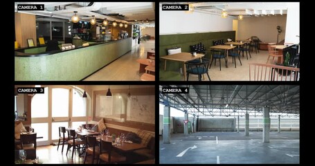 Wall Mural - four security camera views of hotel reception, cafe, restaurant interiors and carpark, slow motion