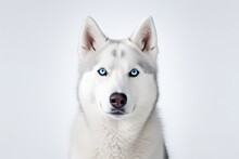 White Siberian Husky Dog With Blue Eyes On White Background. Generative AI