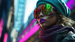 Portrait of a woman in sunglasses, woman wearing bejeweled balaclava mask, round sunglasses in ninja suit with skyscrapers city in the background, futuristic concept